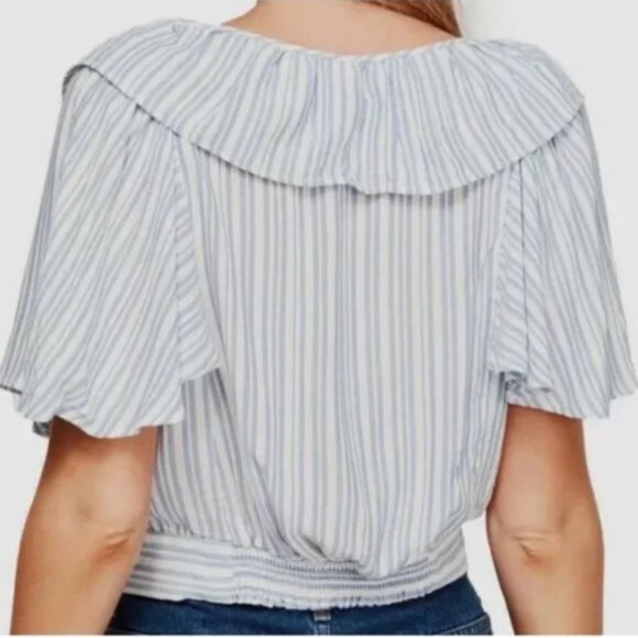 NWT Free People Blue White Rosemary Striped Tie Front Cropped Ruffle Blouse (XS) - Picture 4 of 6